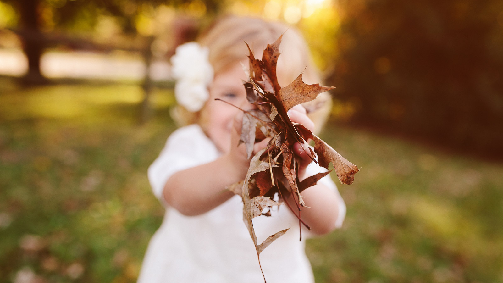 color photograph of a young girl throwing fall leaves up in the air at cherry glen in polk city iowa