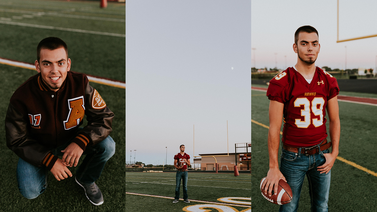 photograph of a senior boy football player holding a football at the ankeny south hawks football field in ankeny iowa