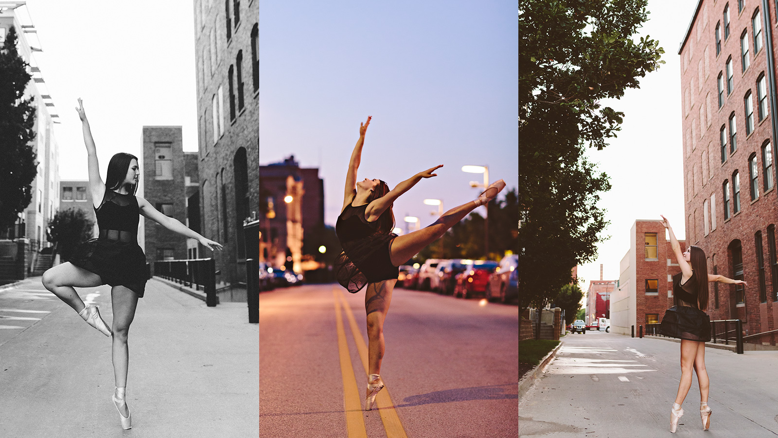 photograph of a senior girl wearing a black dance costume and dancing on a street in the east village in des moines iowa